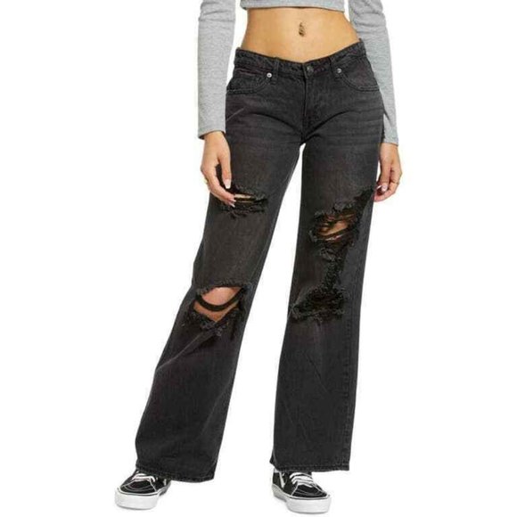 NEW BP Black Destroyed Wide Leg Low Rise Denim Jean 100% Cotton Size 29, Size 30 - Picture 2 of 14